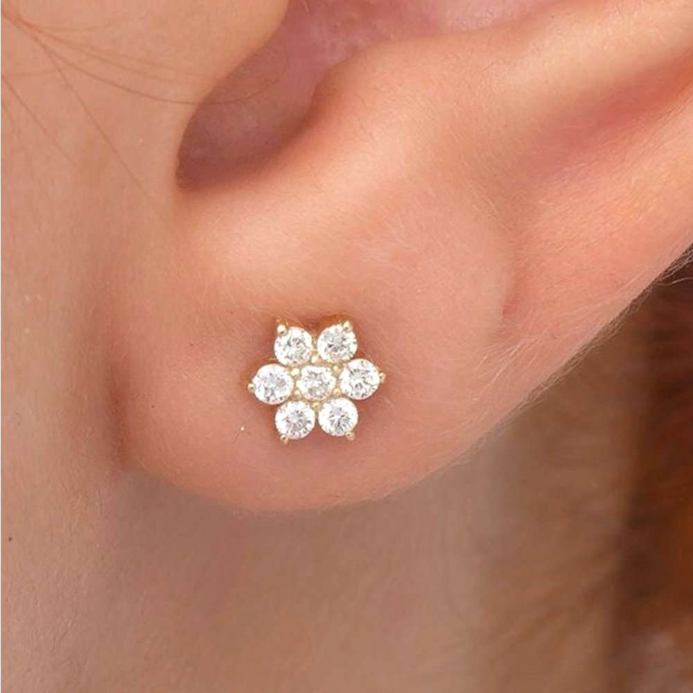 Exquisite 14K Solid Yellow Gold 6.2mm 0.13CT Diamond Flower Stud Earring (1)